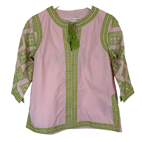Gretchen Scott Designs Embroidered Top - Odessa Pink & Green Shirt Boho Sz M - Picture 2 of 11